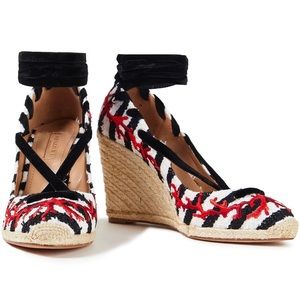 Aquazzura Coraline Red Embroidered Striped Velvet Bouclé-Tweed Wedge Espadrilles